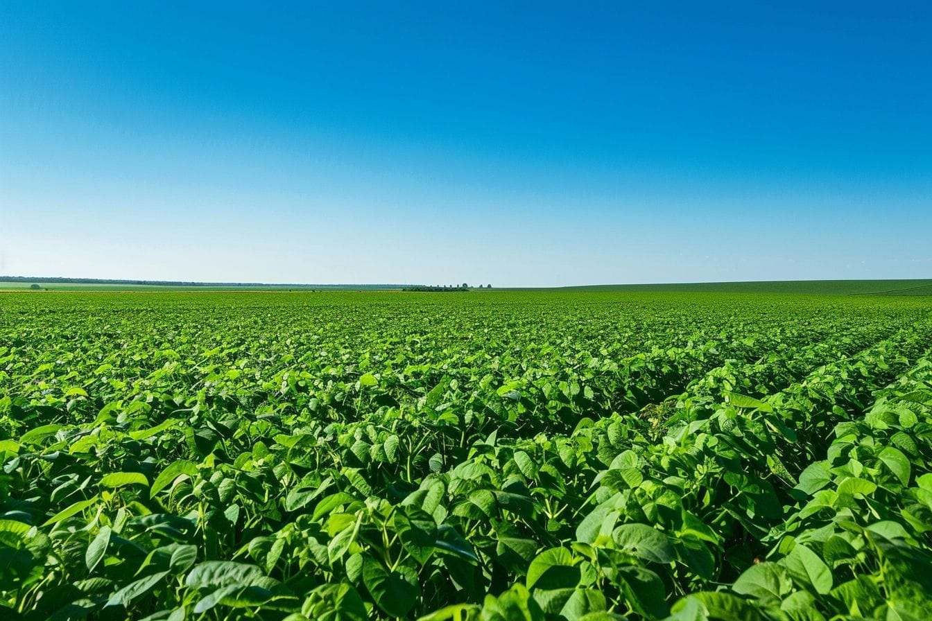 Image d'illustration. Champ de soja vert sous ciel bleu