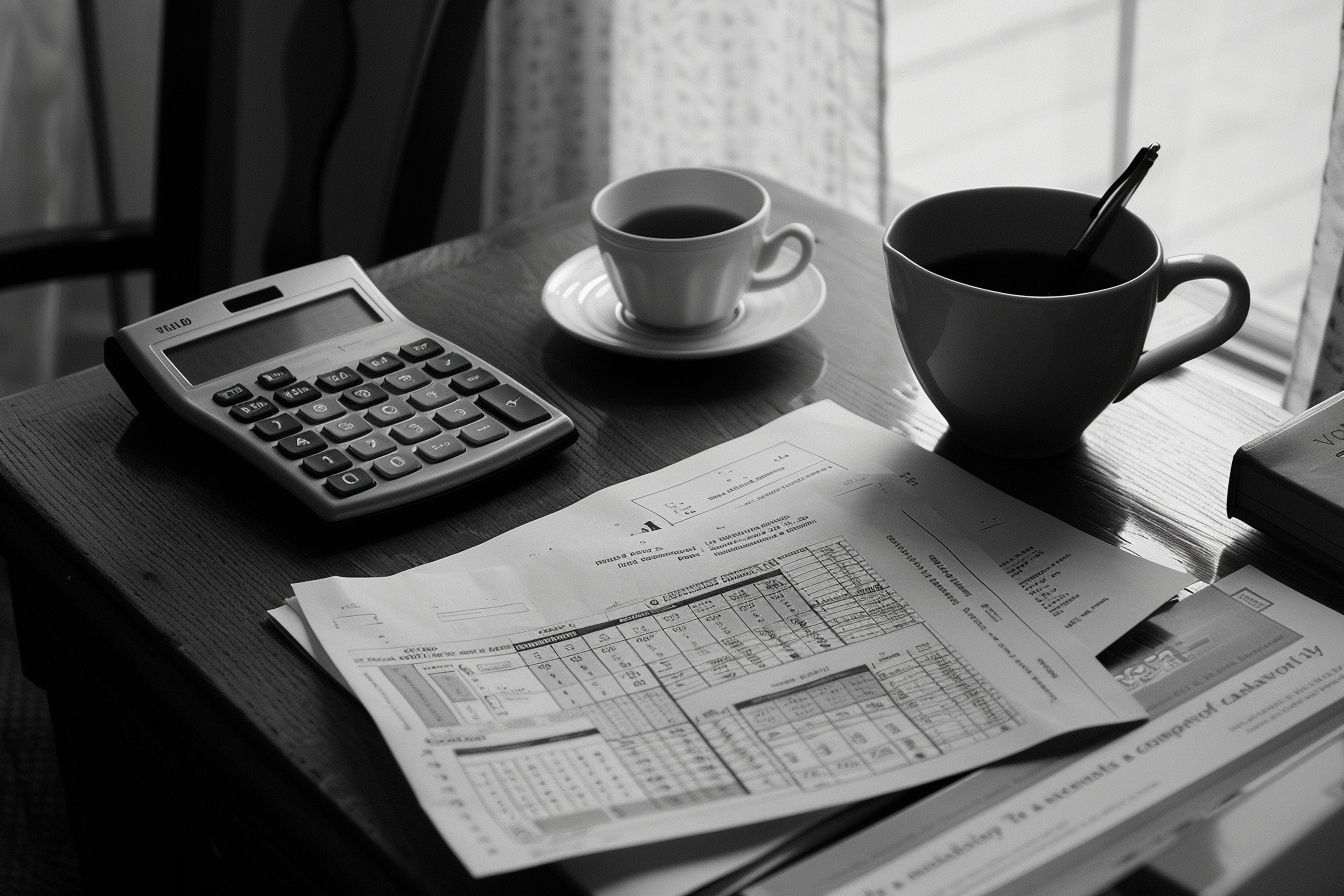 Image d'illustration. Bureau avec calculatrice et lignes directrices sur la participation aux bénéfices