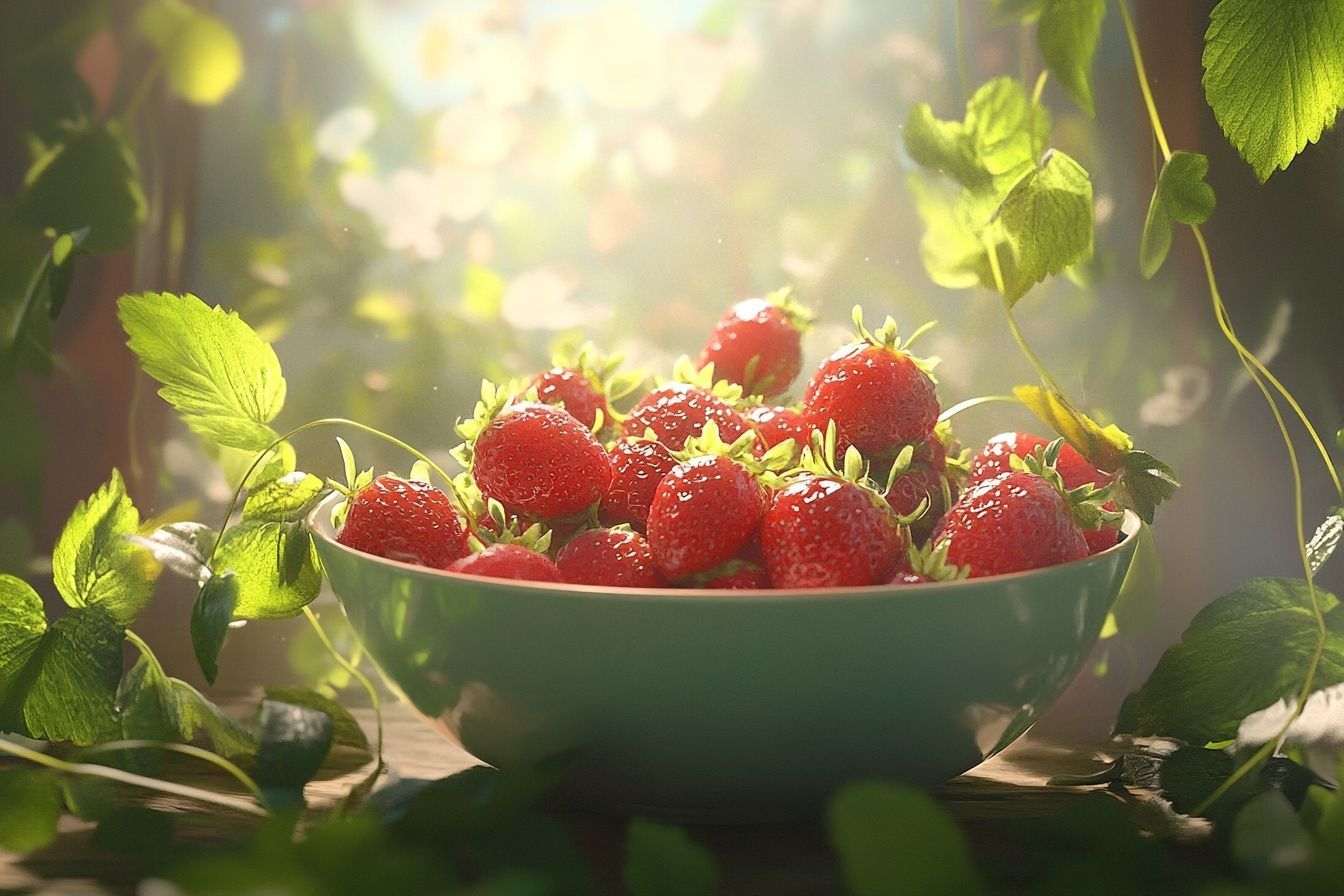 Image d'illustration. Fraises rouges vives au soleil doux