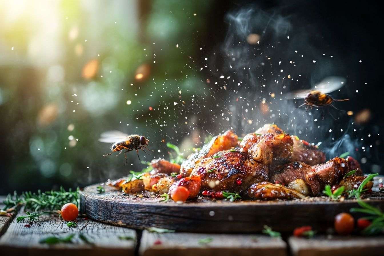 Image d'illustration. Une mouche autour d un plat de viande sur une table en bois rustique