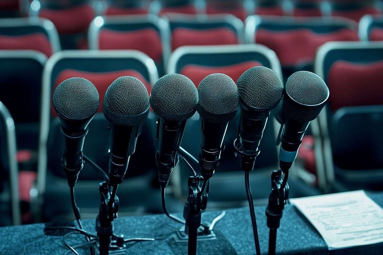 Image d'illustration. Vue aérienne des microphones sur un bureau électoral