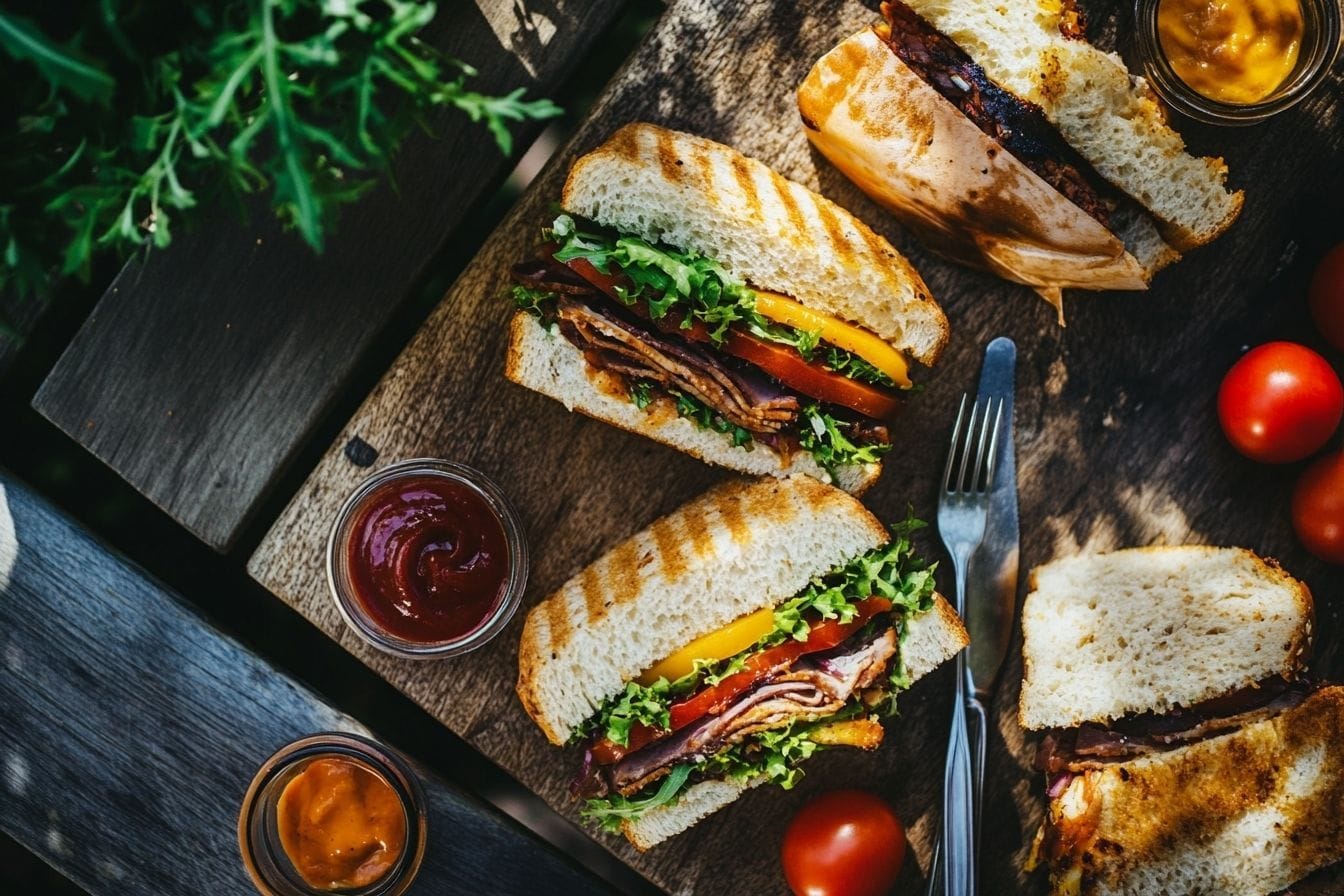 Image d'illustration. Vue de dessus d un sandwich copieux entouré de condiments et d ustensiles sur une table de salle à manger extérieure