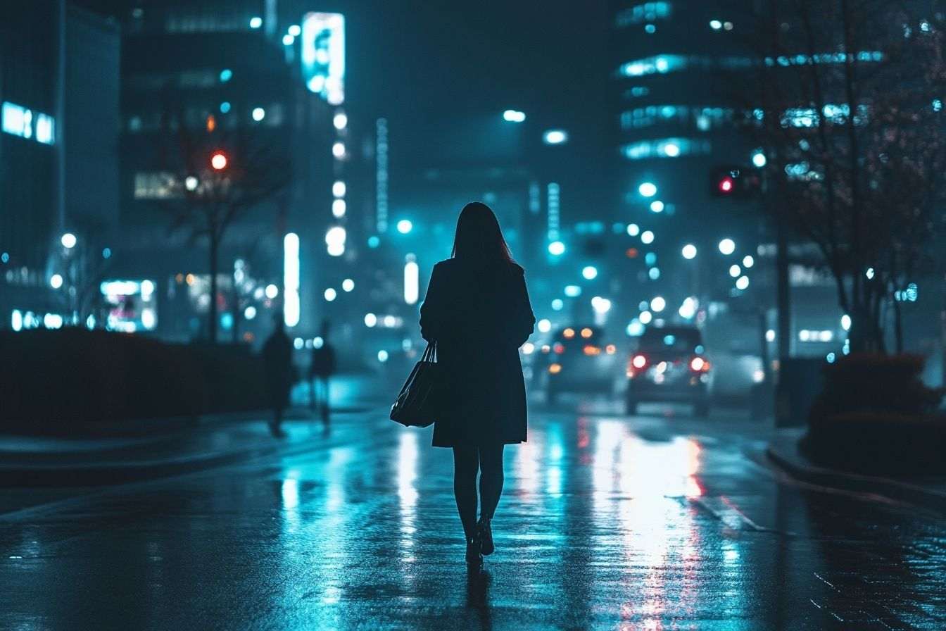 Image d'illustration. Vue nocturne d une femme en tenue professionnelle dans une rue urbaine