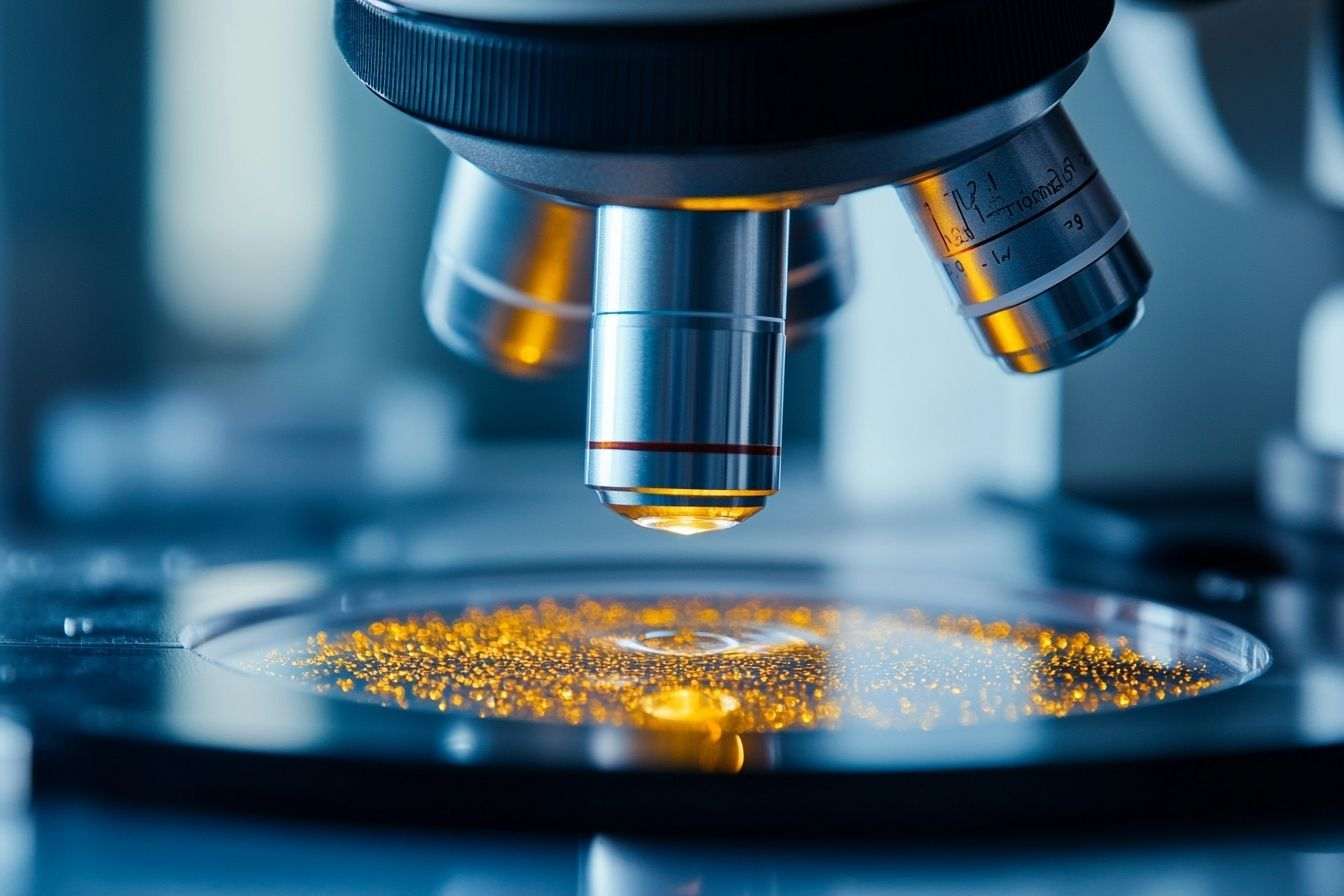 Un gros plan sur un microscope examinant des bactéries sur une boîte de Pétri, révélant des détails et textures complexes.
