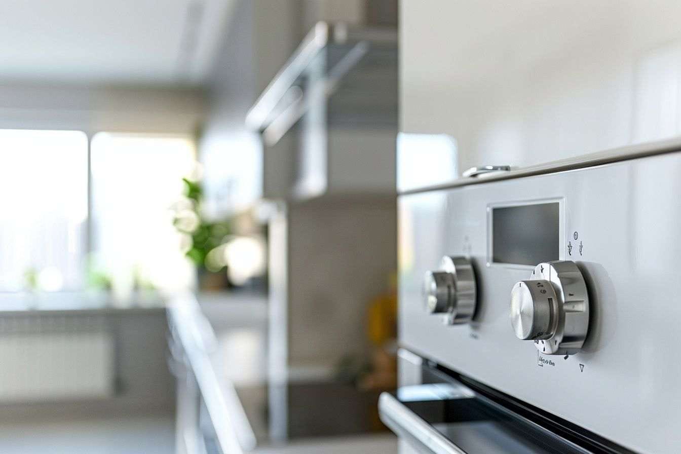 Gros plan sur une chaudière à gaz moderne dans une cuisine lumineuse