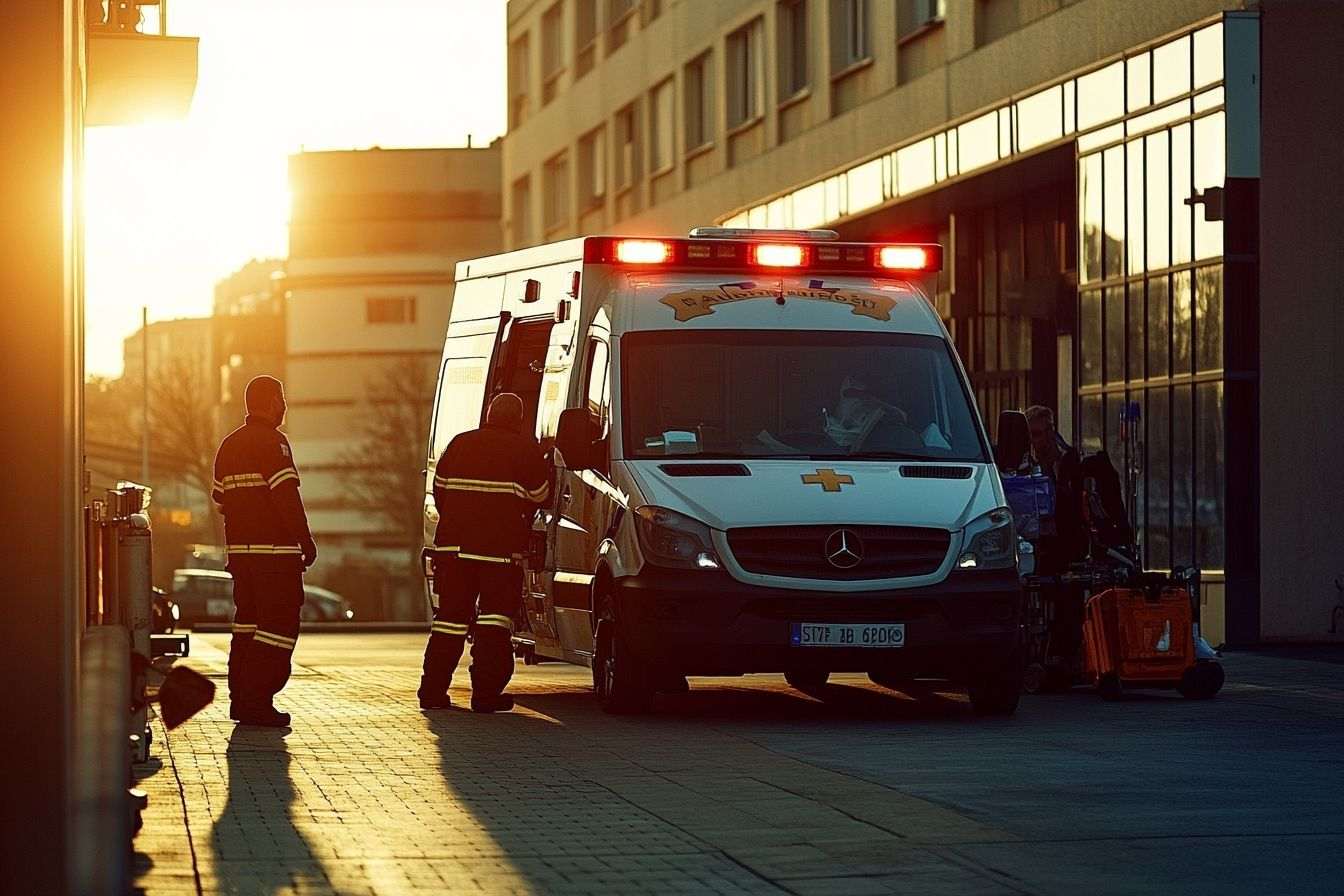 Une scène d'urgence où une ambulance, feux clignotants, est garée devant un hôpital pendant que des ambulanciers déchargent des fournitures vitales.