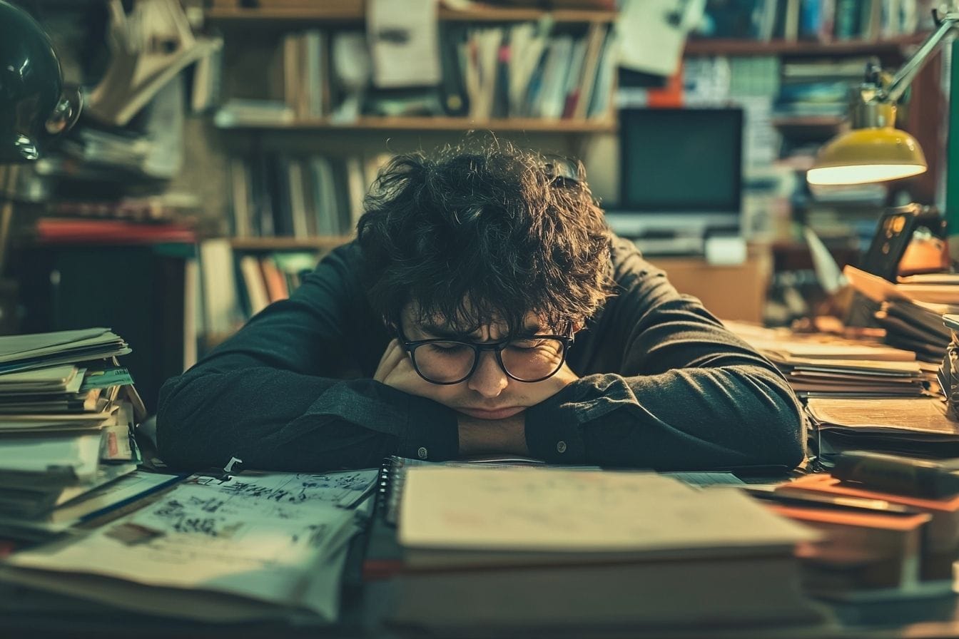 Image d'illustration. Visage fatigué sur bureau encombré