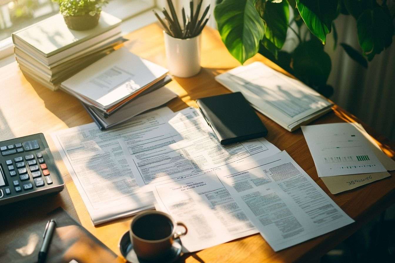 Image illustrant un espace de travail organisé avec des documents fiscaux éparpillés et quelques livres financiers à portée de main.