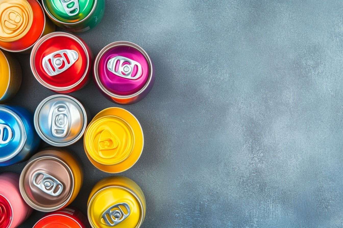 Image d'illustration. Vue aérienne de canettes de soda colorées en motif circulaire