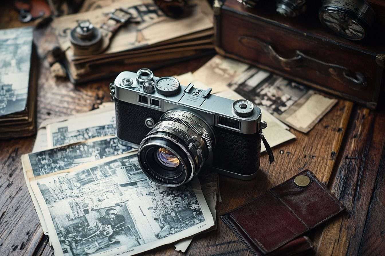 Une caméra ancienne repose sur une table en bois, entourée de rouleaux de film et de livres de photographie.