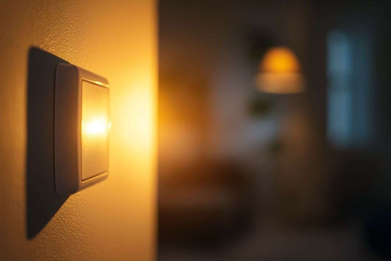 Gros plan sur un interrupteur diffusant une lumière douce dans une pièce confortable.