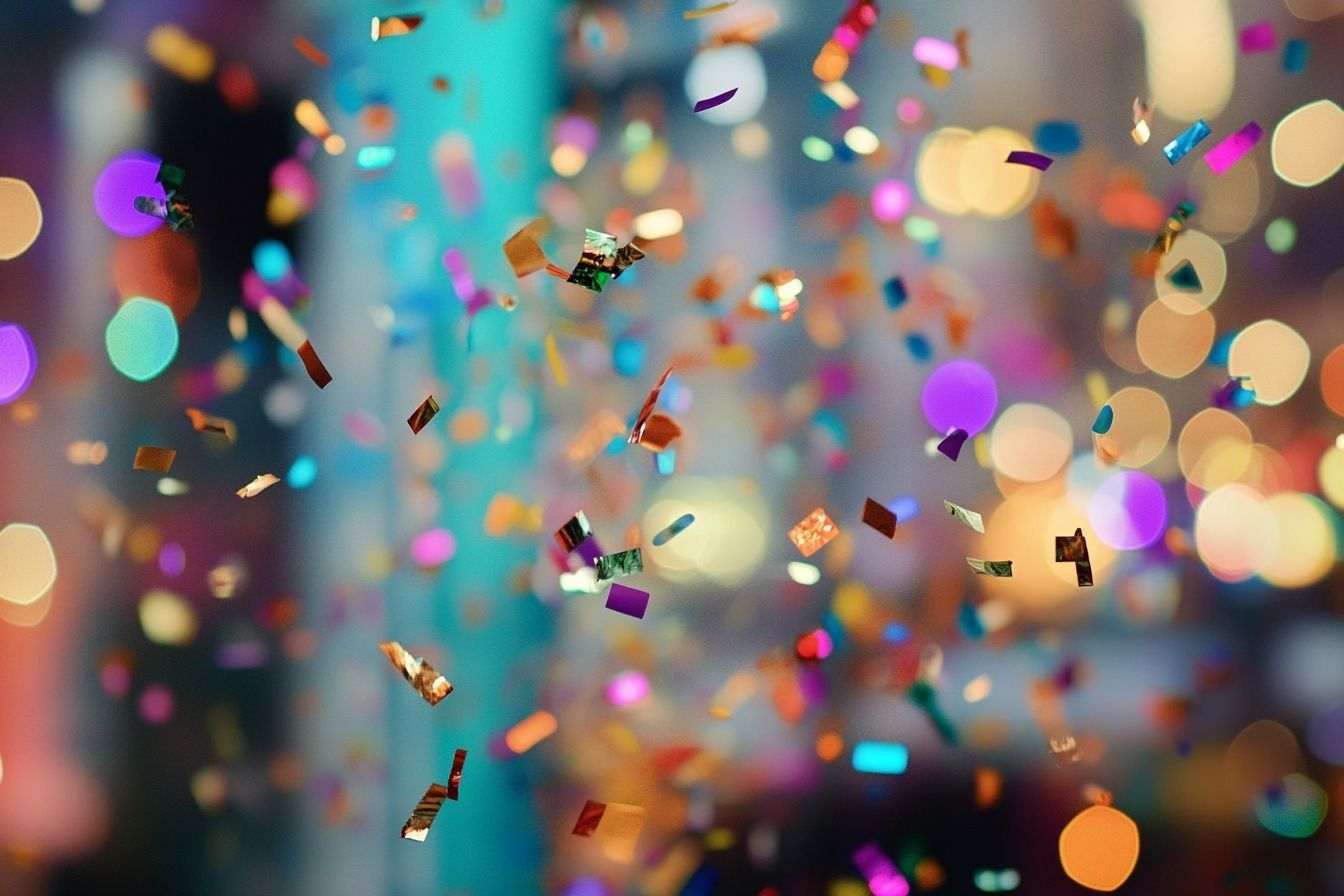 Une explosion vibrante de confettis célébrant un gain à la loterie, avec des lumières scintillantes en arrière-plan.