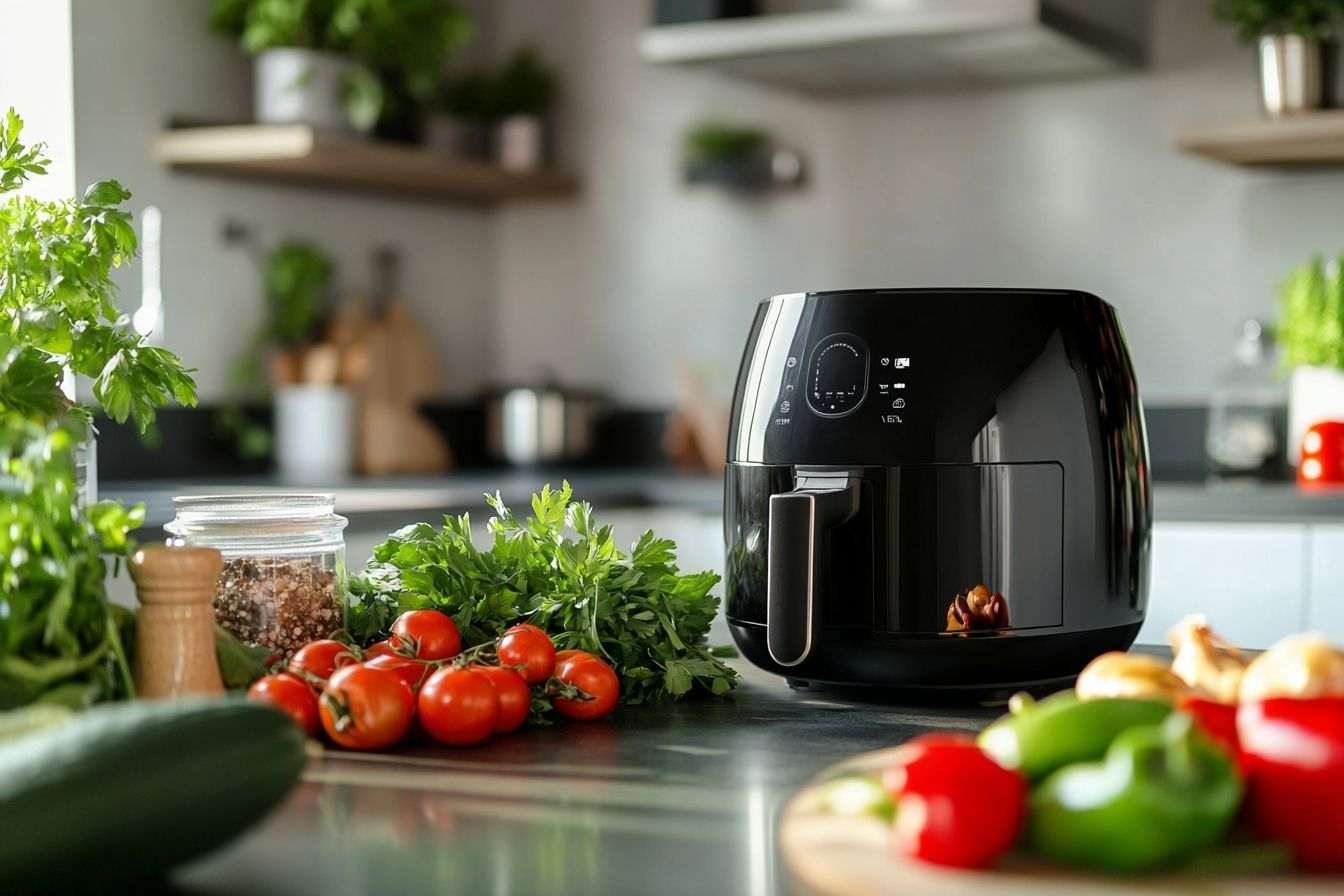Une friteuse à air moderne posée sur un plan de travail de cuisine, entourée de légumes frais et d'épices prêts pour la cuisson.