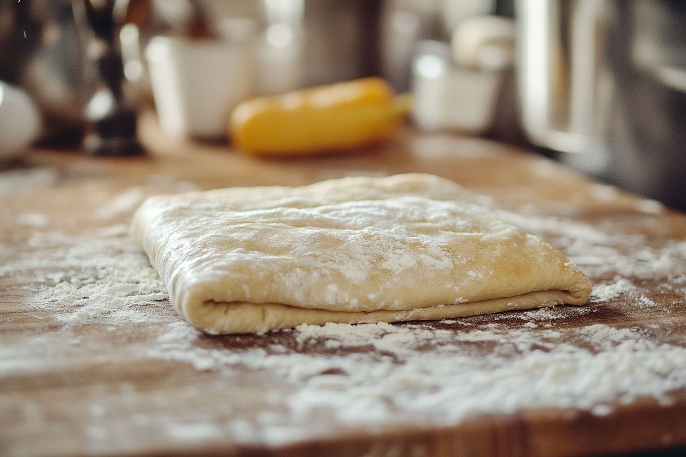 Gros plan sur une pâte feuilletée lisse et croustillante posée sur un comptoir en bois, saupoudrée de farine.