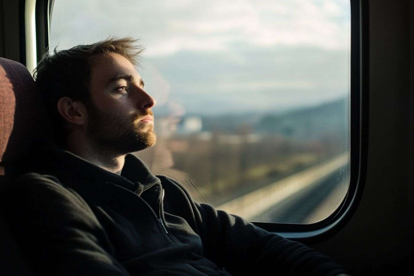 Un homme assis dans un TGV contemple les paysages qui défilent par la fenêtre.