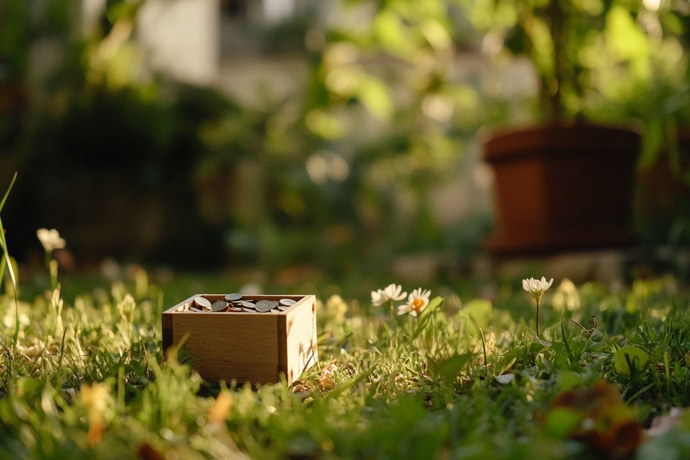 Une scène paisible d'un jardin où une petite boîte en bois contient des pièces cachées pour l'épargne.
