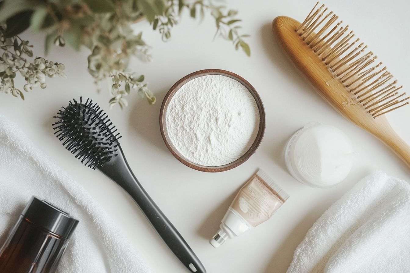 Découverte d'un agencement plat avec shampoing sec, brosse à cheveux et divers accessoires capillaires pour une expérience beauté quotidienne.