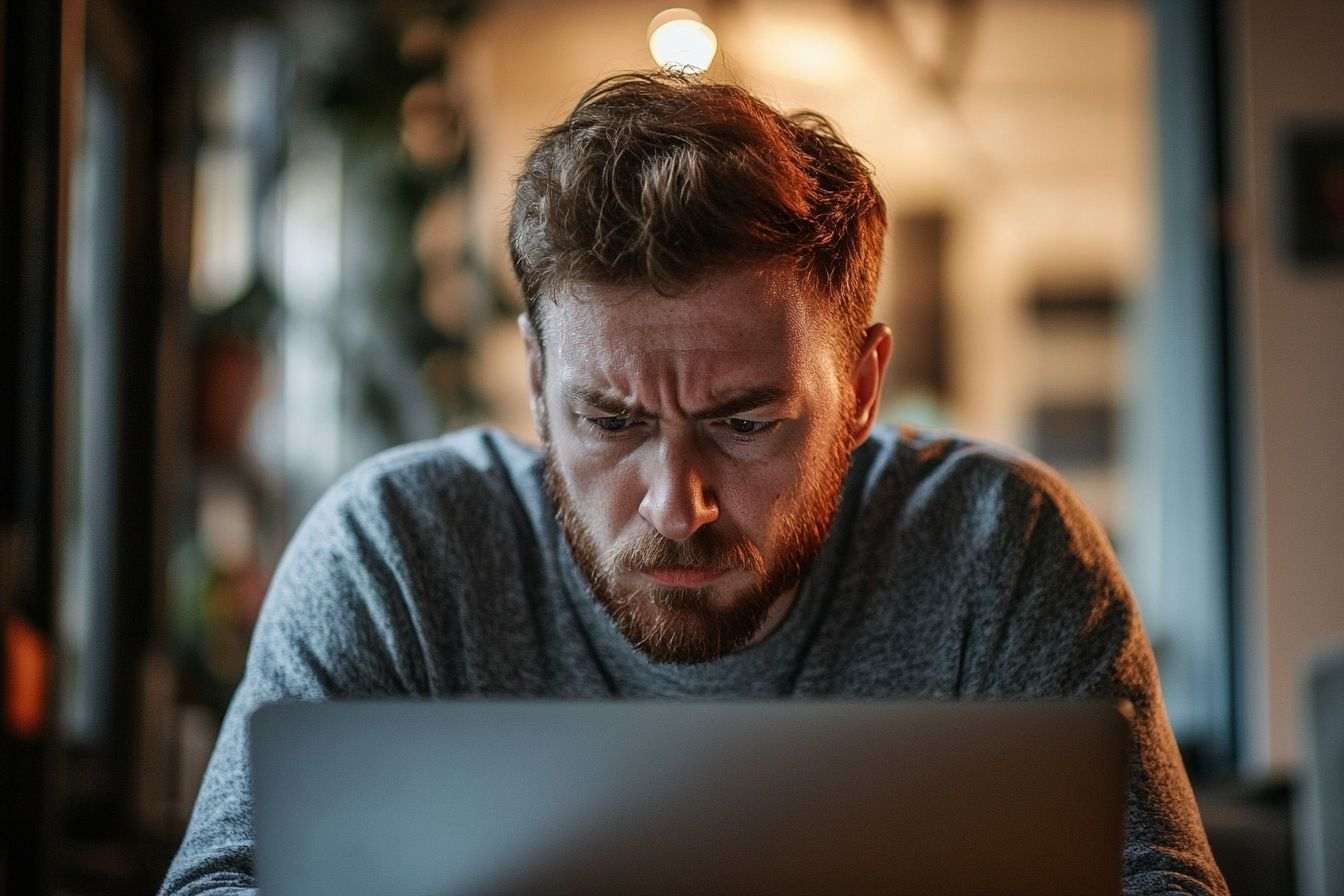 Un gros plan d'un homme montrant une concentration intense et de l'irritation en utilisant un ordinateur portable.