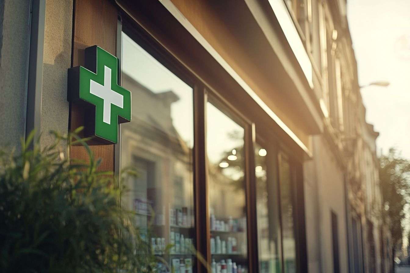 Image d'une pharmacie avec une enseigne en croix verte montrant une entrée qui invite à entrer.
