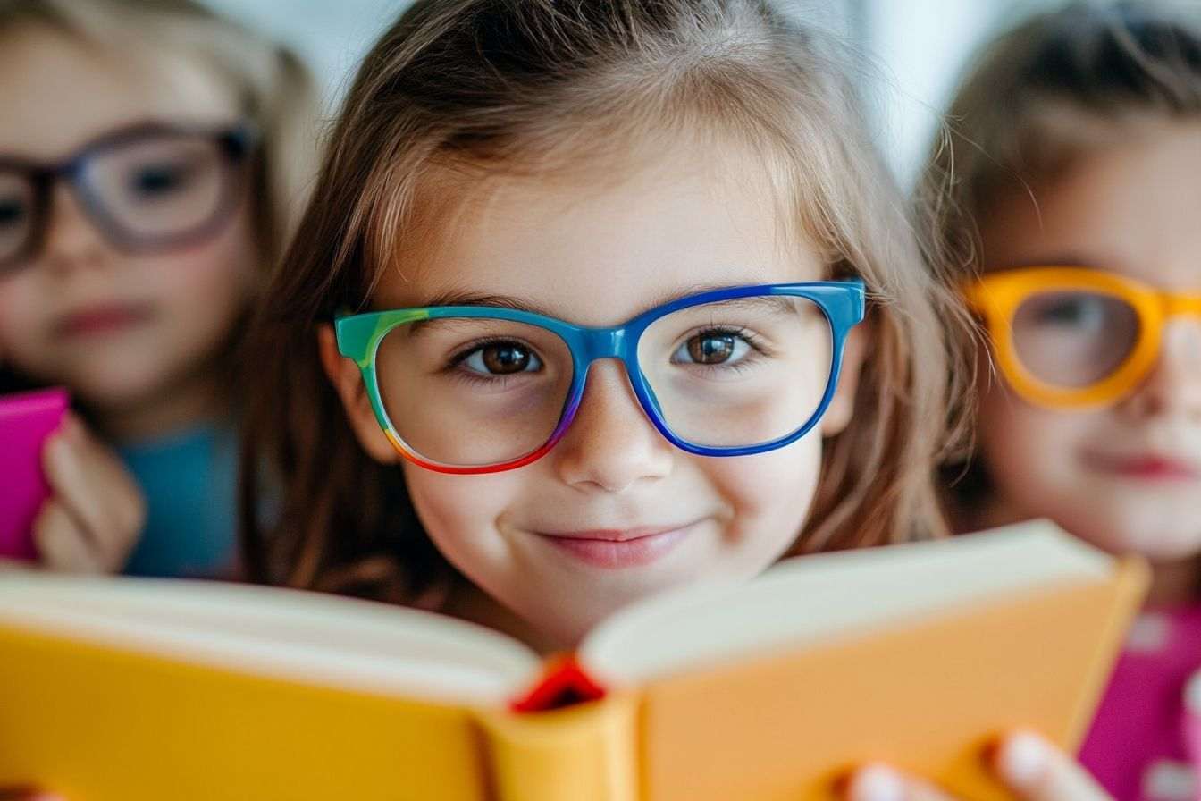 Enfants joyeux avec des lunettes colorées lisant des livres