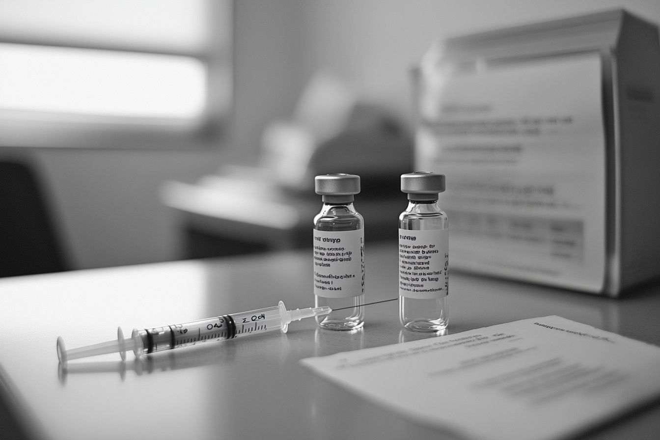 Flacon de vaccin et seringue sur table médicale