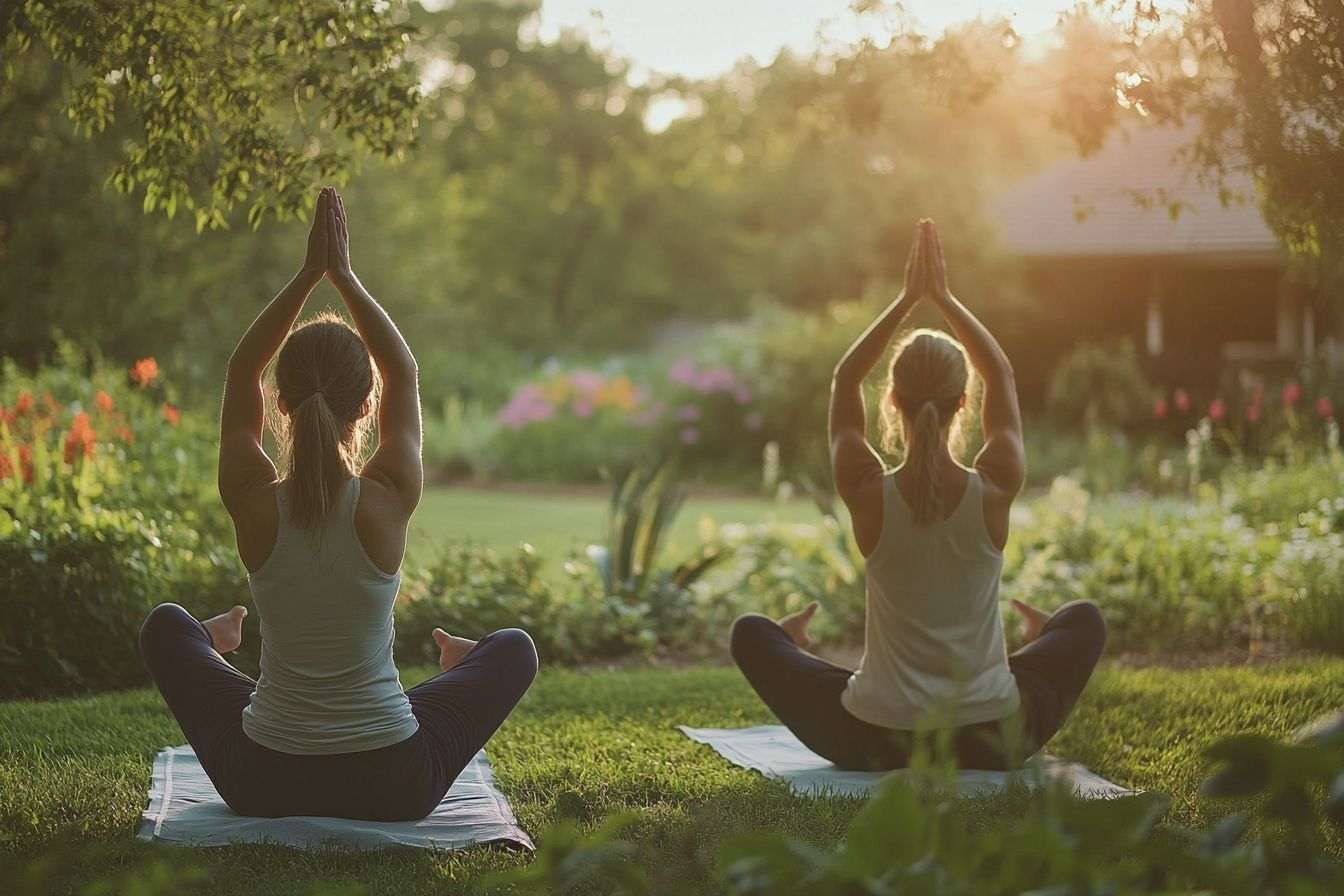 Scène de jardin paisible avec yoga pour le bien être mental