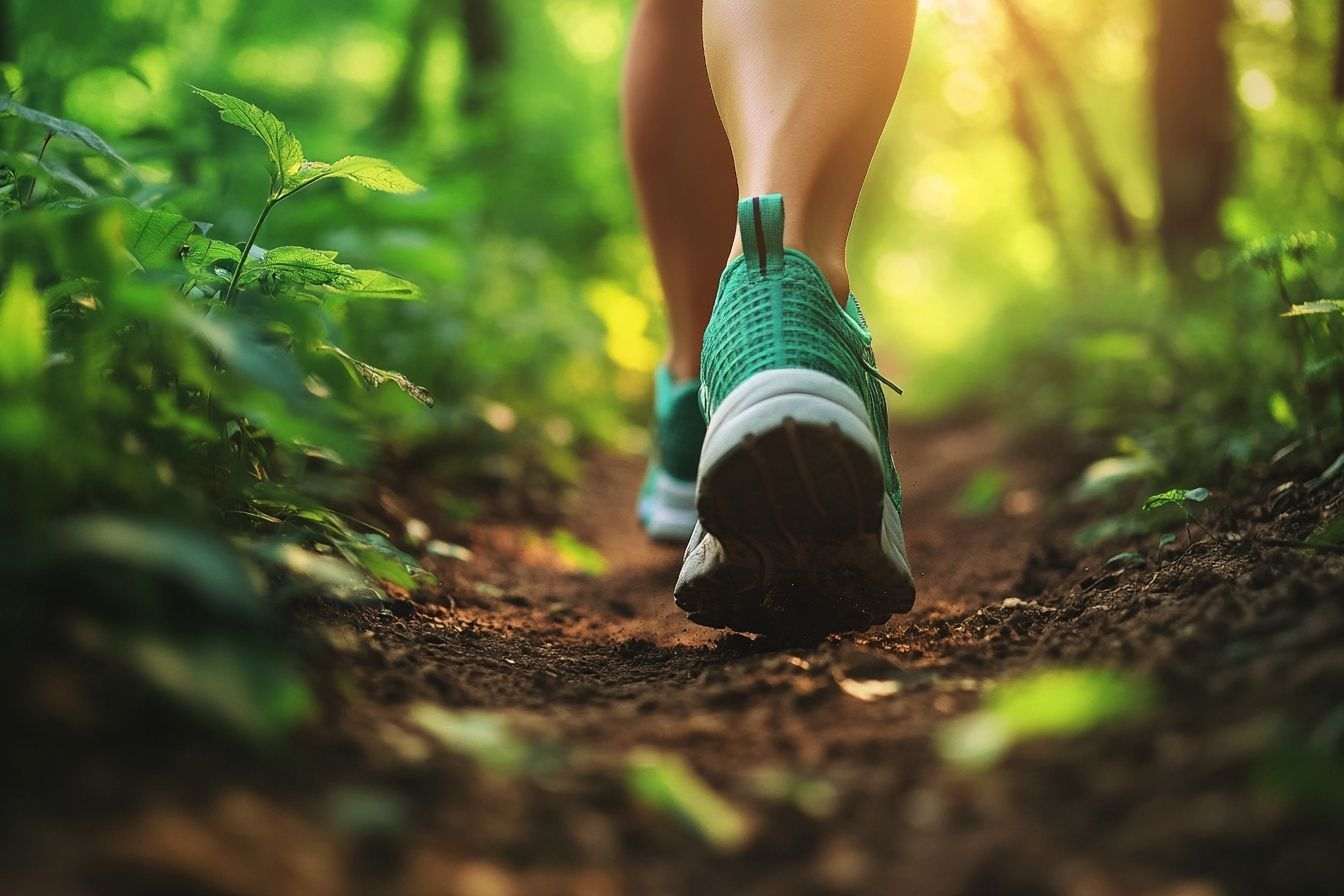 Gros plan sur chaussures de course sur un sentier en terre