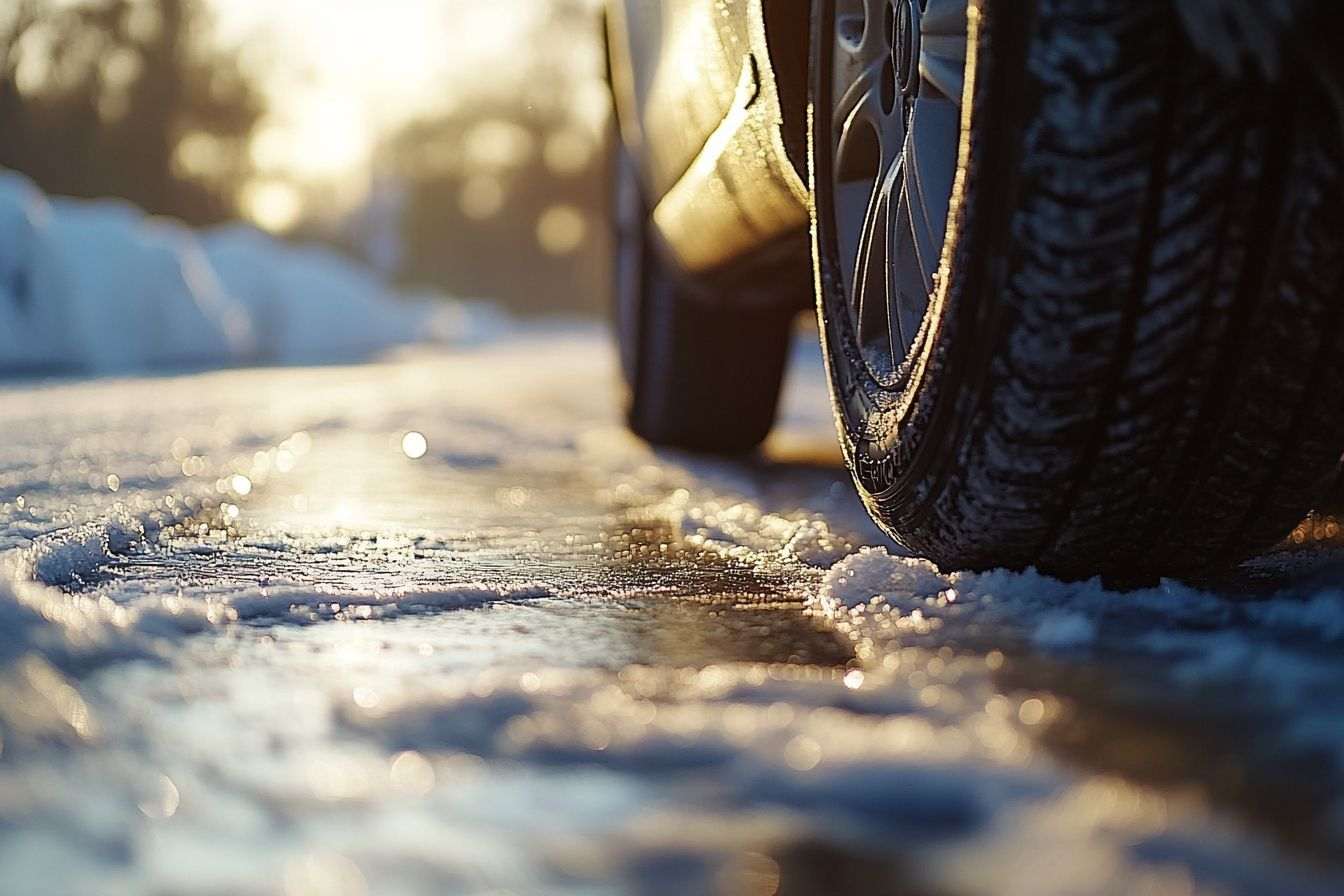 Gros plan sur pneus de voiture sur route glacée