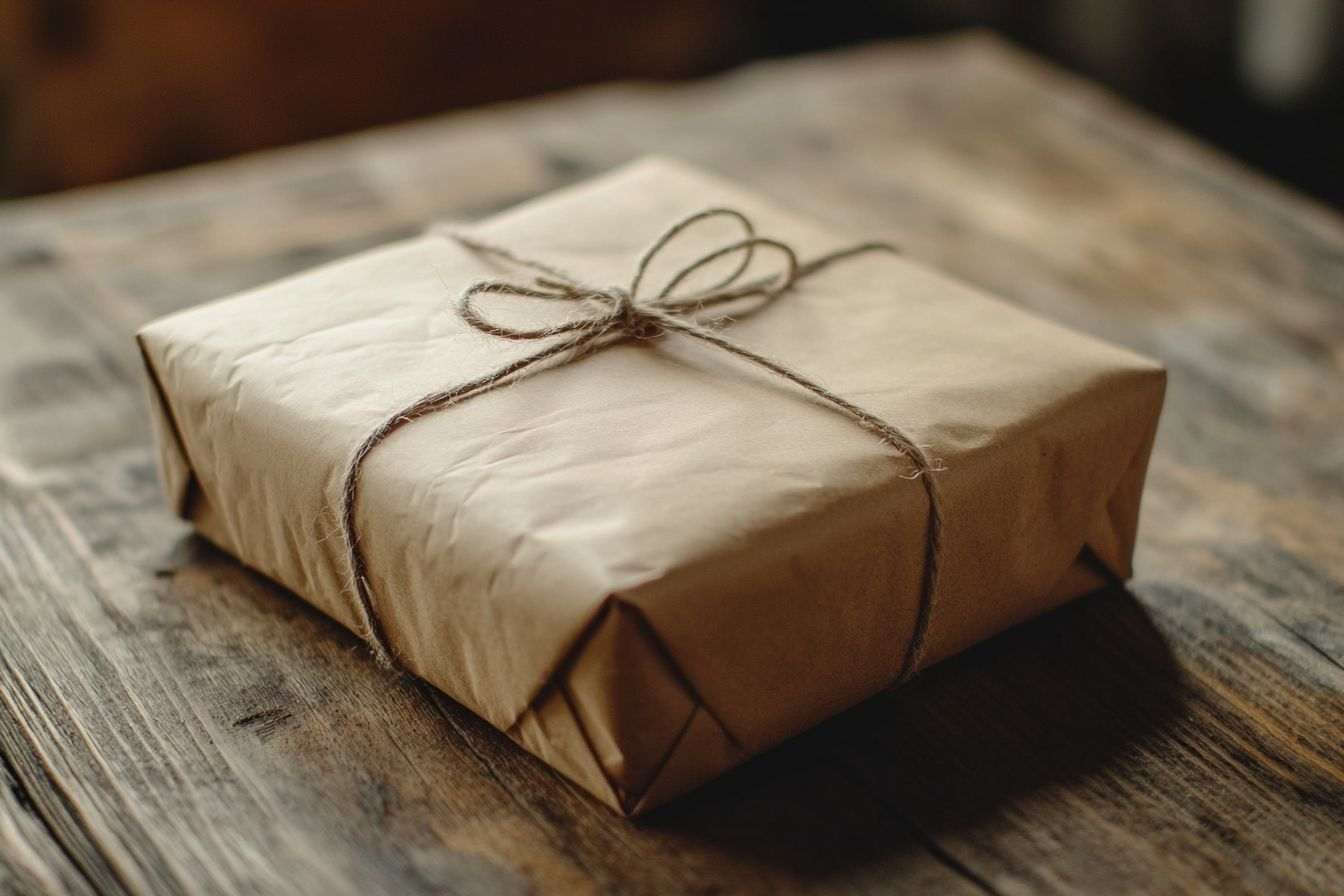 Petit paquet en papier brun sur table en bois