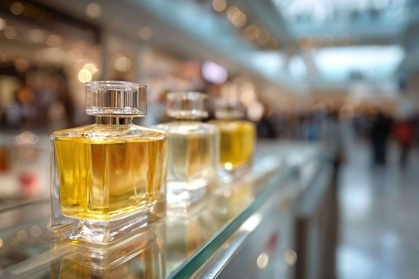 Bouteilles de parfum élégantes sur une vitre élégante