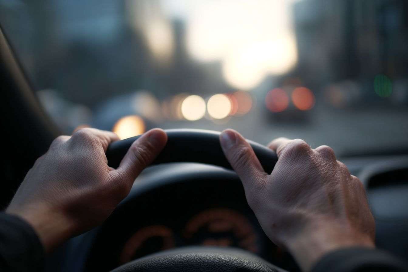 Gros plan du volant avec mains
