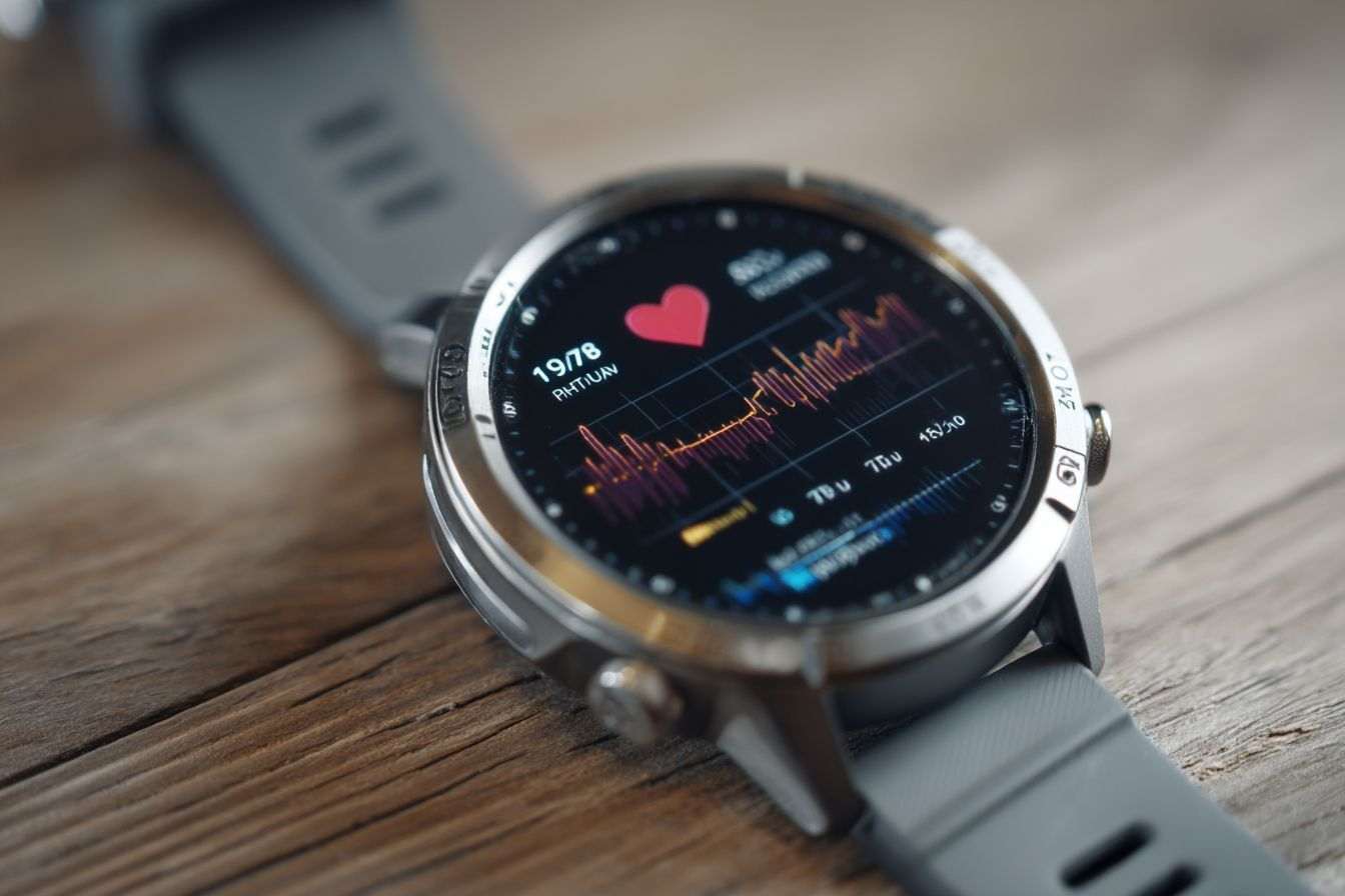 Gros plan d une montre connectée affichant la fréquence cardiaque sur table en bois