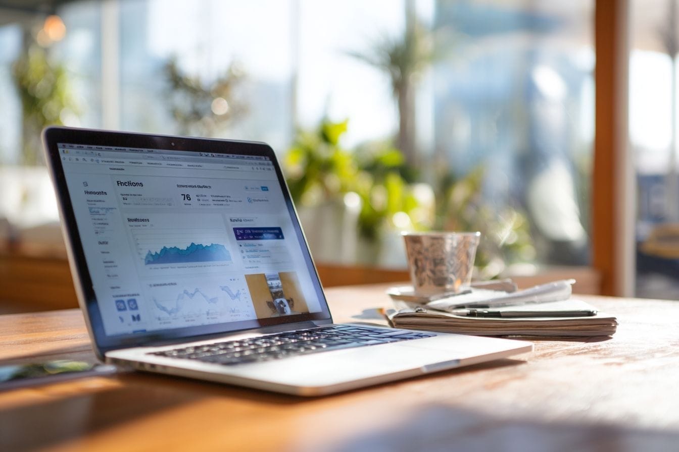 Un espace de travail serein avec un ordinateur portable ouvert sur un site web financier