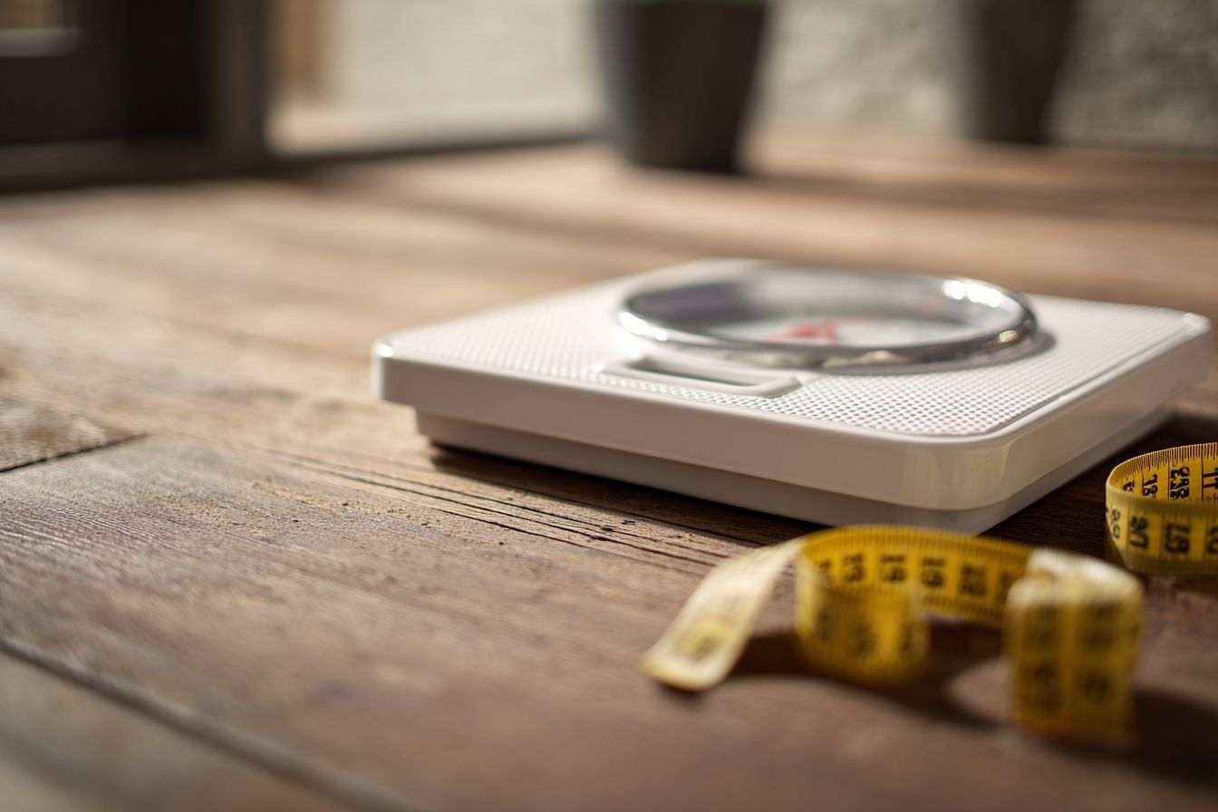 Balance et mètre ruban sur sol en bois