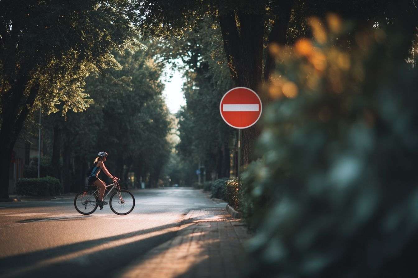 Cycliste évitant un panneau d’interdiction