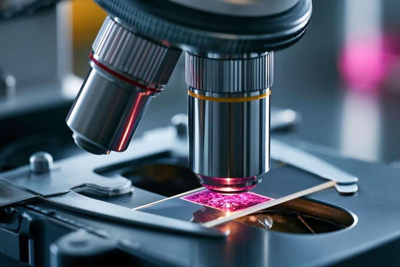 Gros plan d un objectif de microscope sur une lame d échantillon vibrante