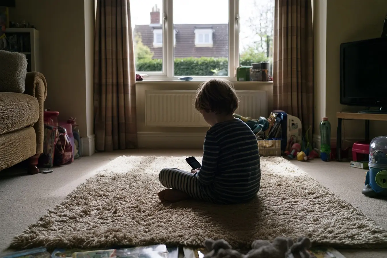 Enfant absorbé par un téléphone au salon